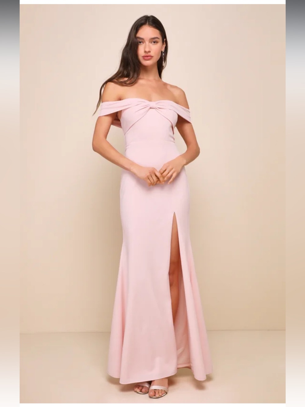 NWT- Elegant Perception Light Pink Off-the-Shoulder Bow Maxi Dress